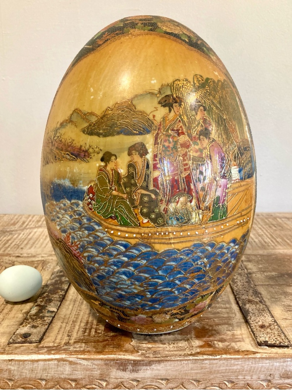 12” Decorative Ceramic Egg with Gold Accents Geishas Satsuma